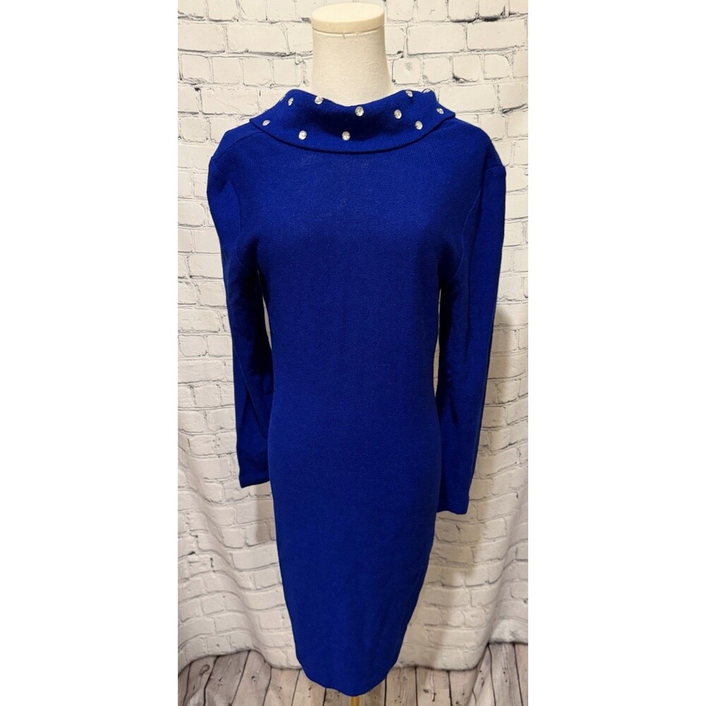 Vintage Liz Claiborne royal blue long-sleeve sweater dress Rhinestone Neckline M